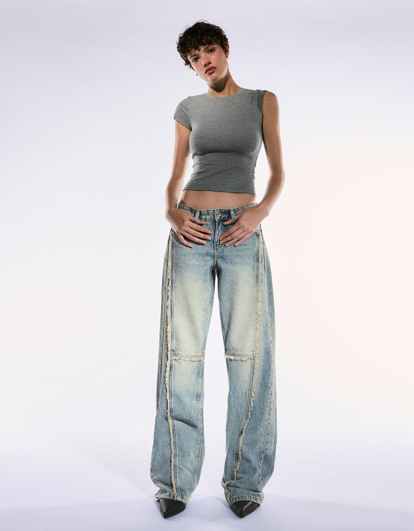 Low waist baggy jeans with fringing-Light blue-1
