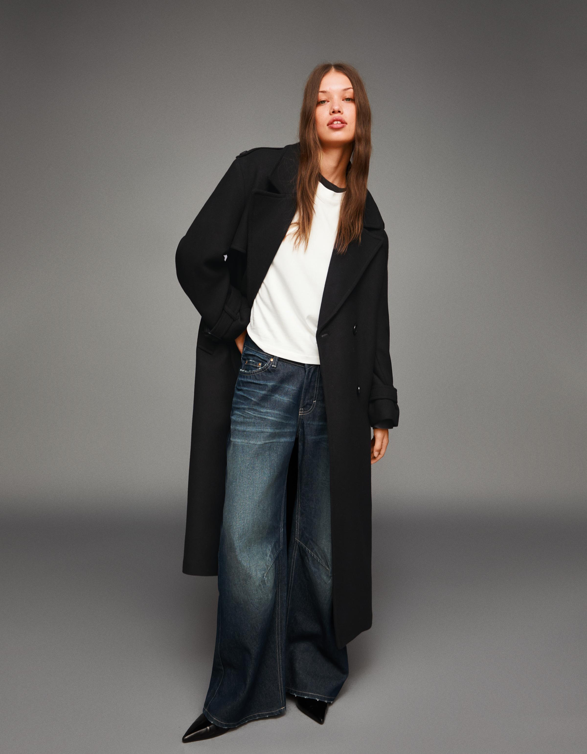 Bershka Oversize-Trenchcoat Mit Wollanteil Damen L Schwarz