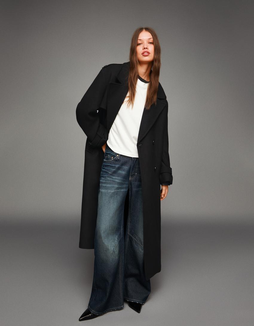 Sobretudo trench com lã oversize-Preto