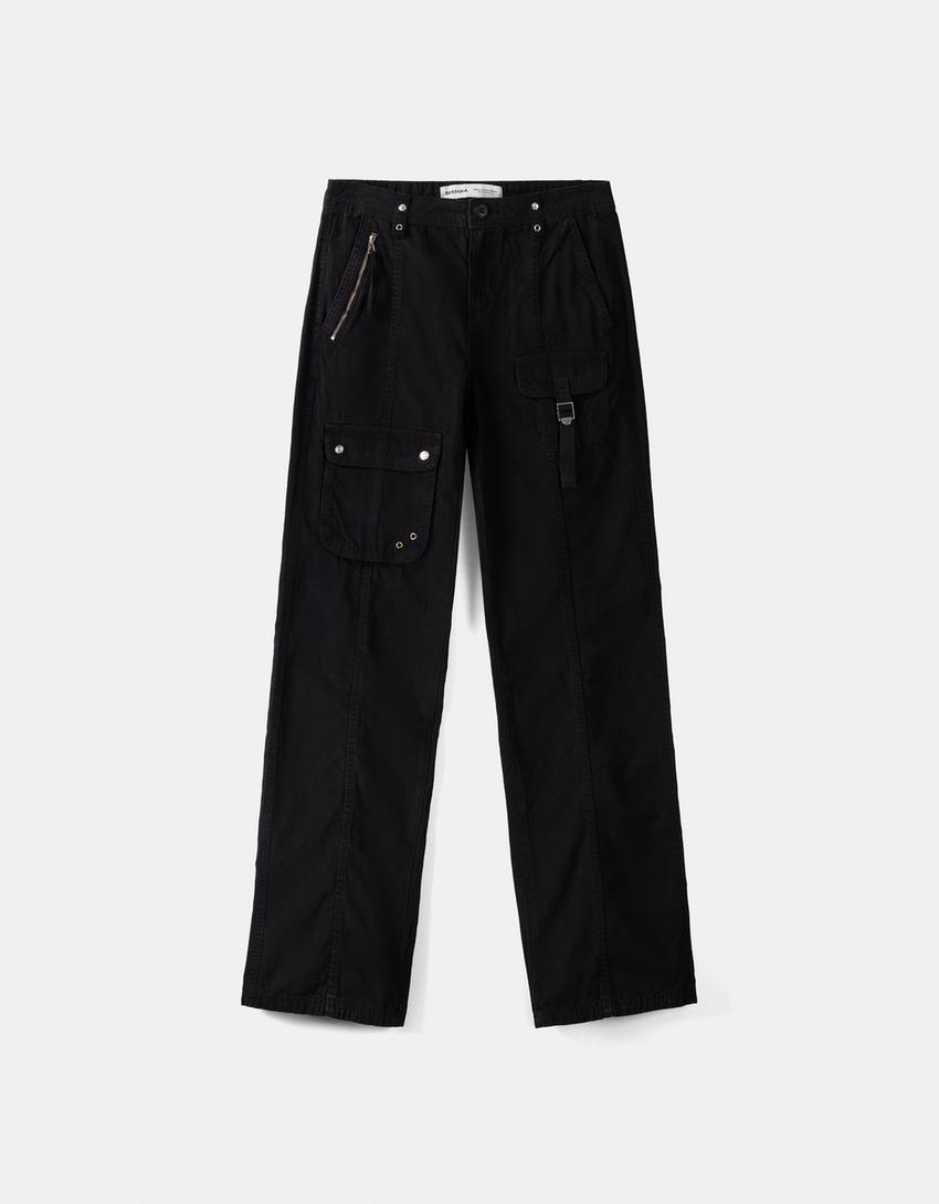 Памучен карго панталон с ниска талия и лента-Черно-4