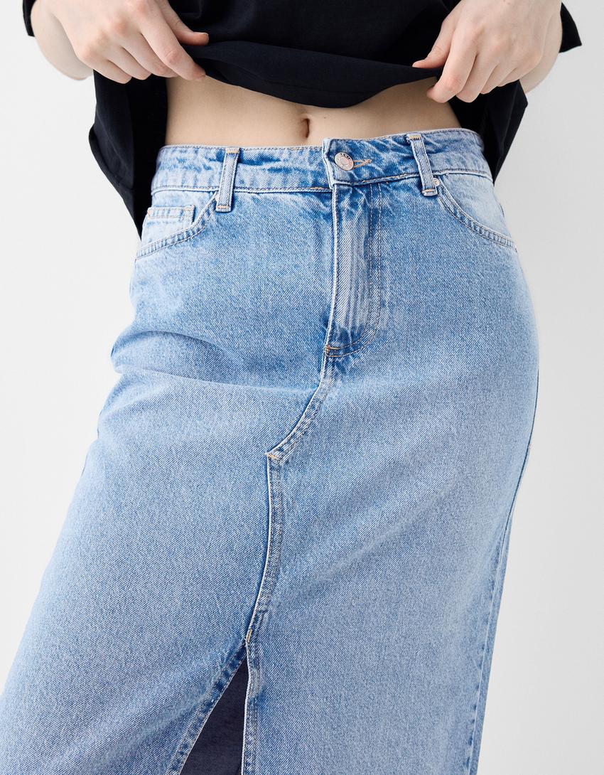 تنورة دنيم متوسطة الطول-أزرق فاتح-3