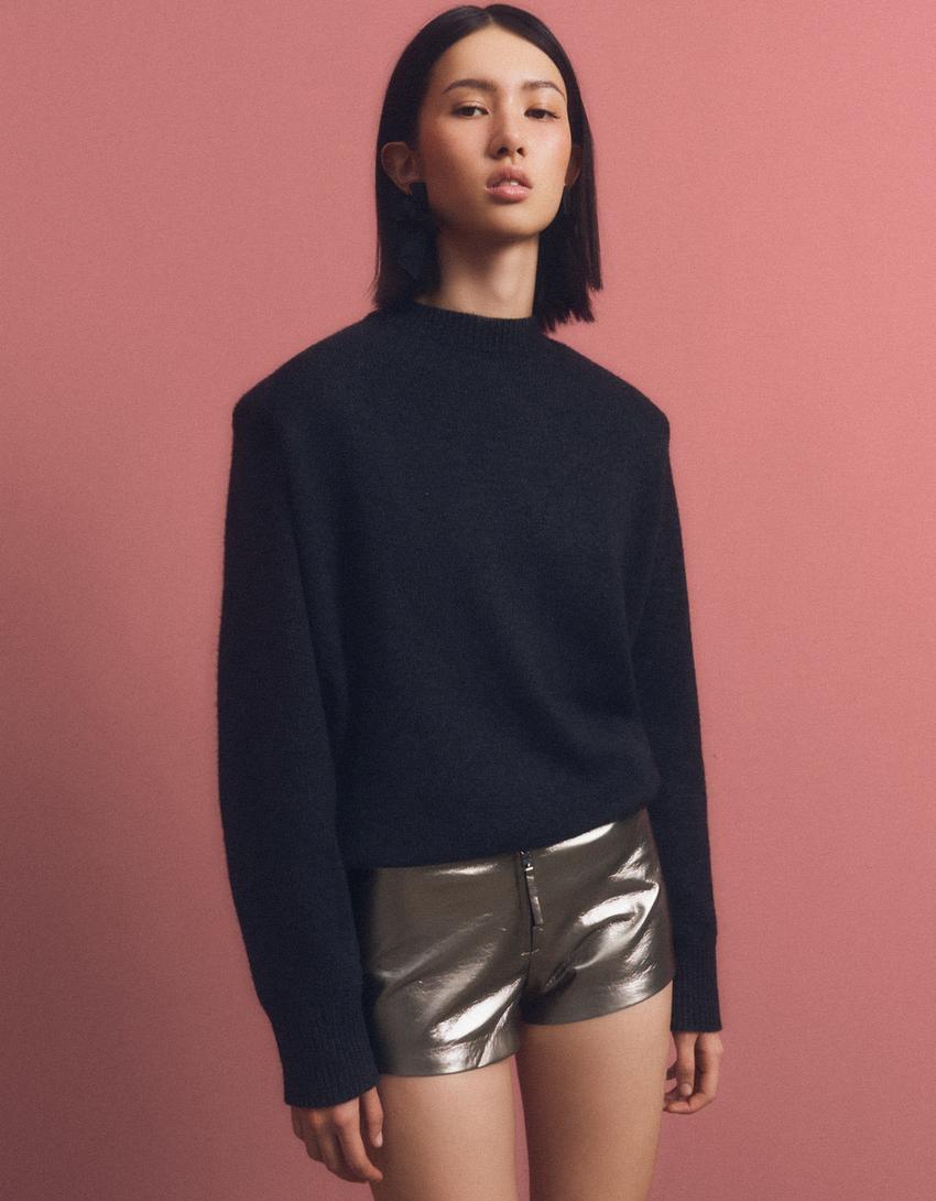 Metallic leather effect shorts-Silver