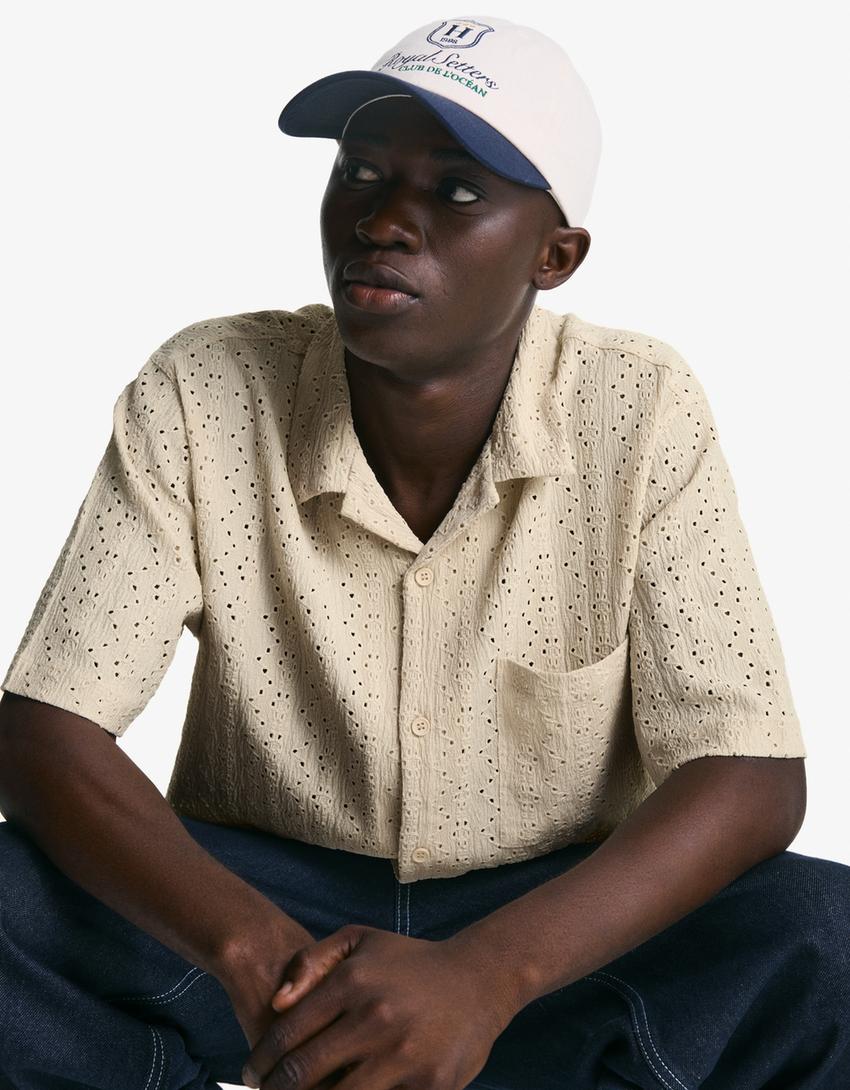 Embroidered short sleeve shirt-Sand
