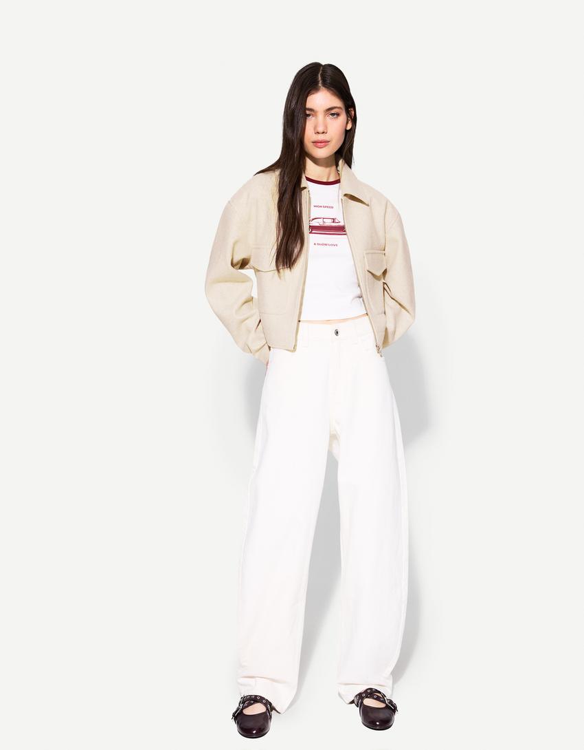 Yumuşak crop ceket-Krem