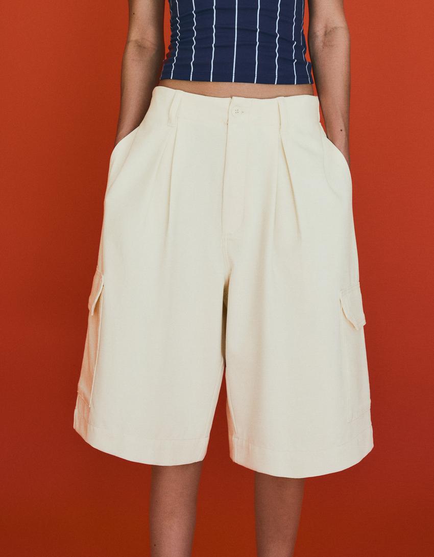 Bermuda cargo wide leg à pinces-Blanc cassé