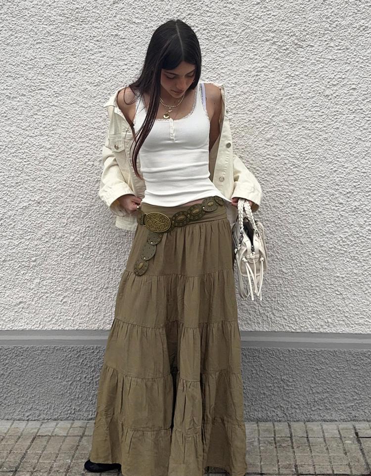 Fold-over waist midi skirt — Khaki