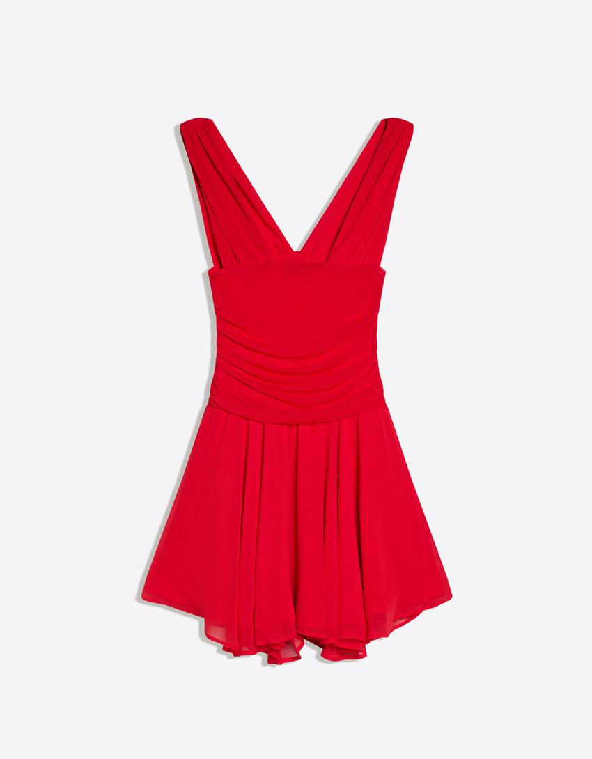 Vestito mini in chiffon con balze-Rosso