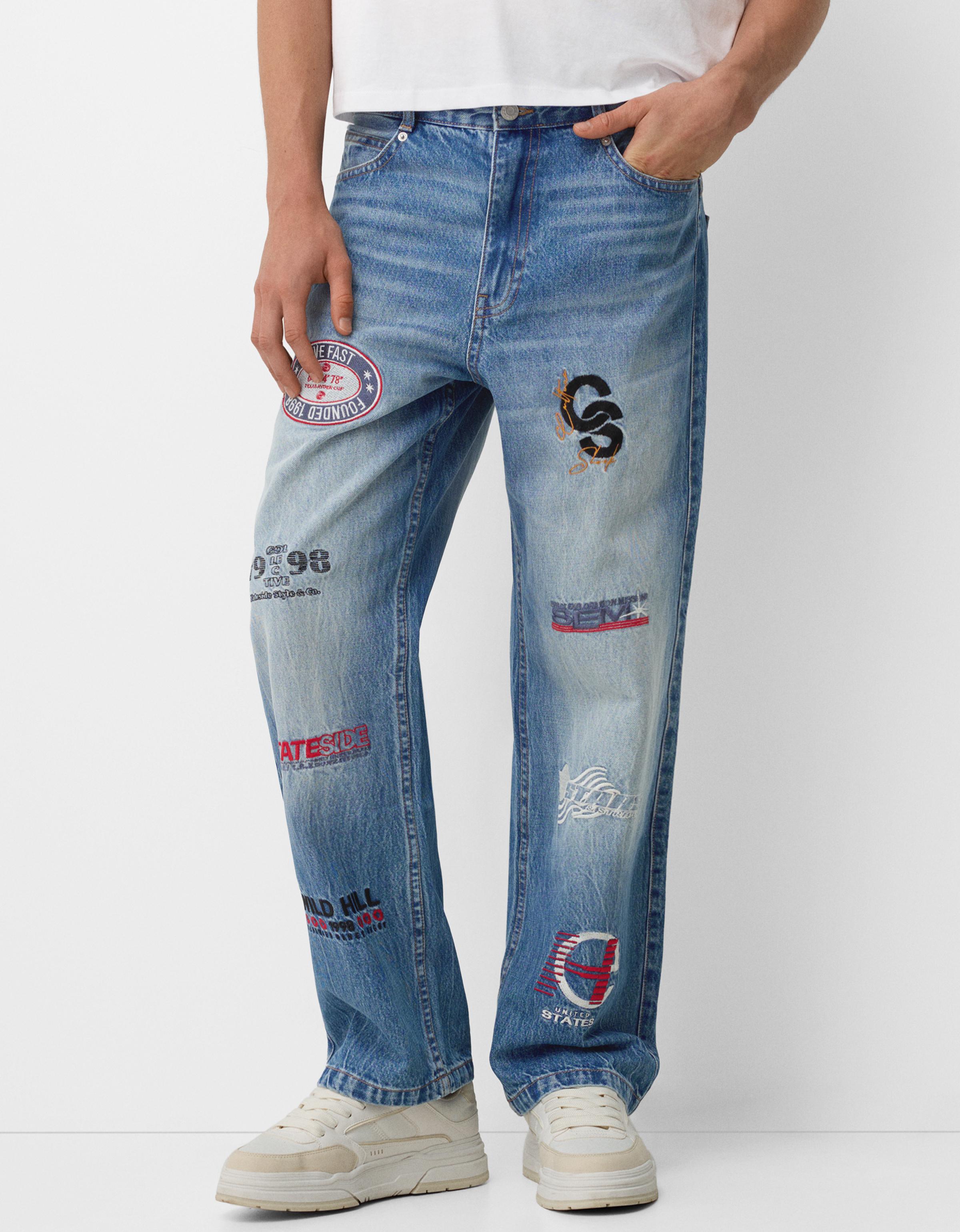 Bershka Baggy-Jeans Mit Print Herren 38 Ausgewaschenes Blau