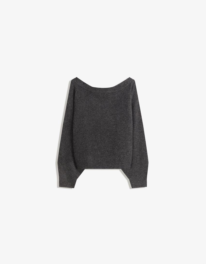 Camisola com nervuras e decote bardot-Cinza