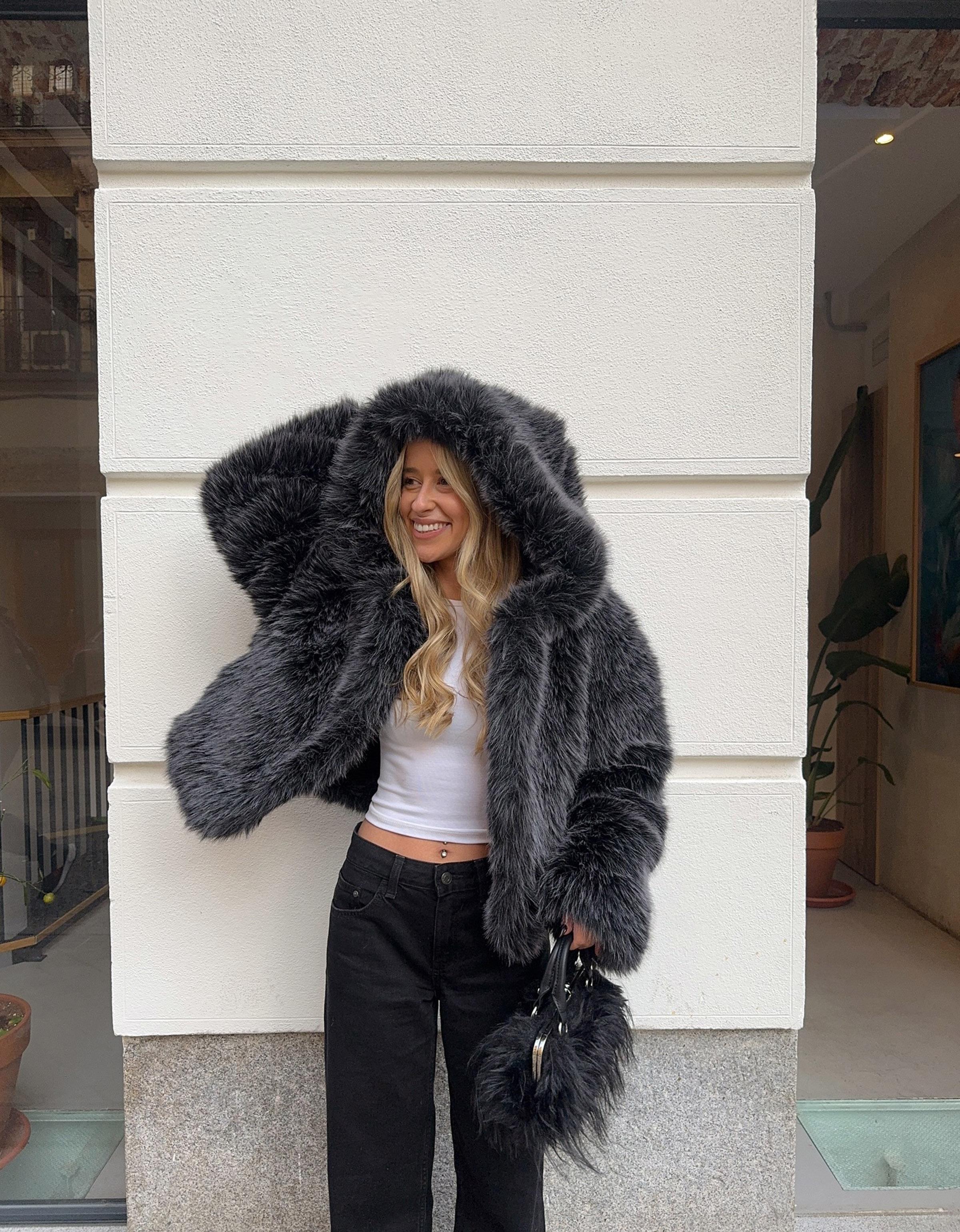 Hooded faux fur jacket Women Bershka