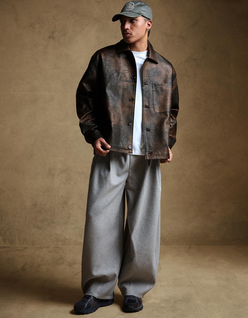 Leather effect boxy-fit overshirt-Brown