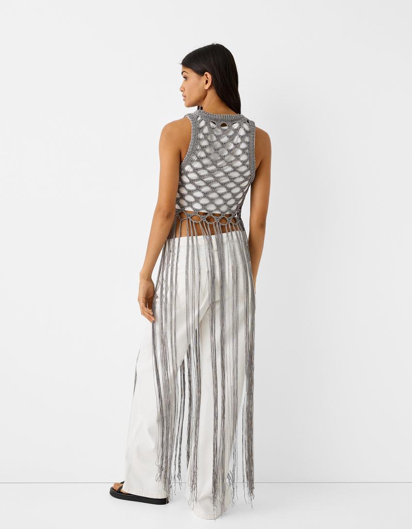 Top ajouré col rond franges-Argent-1