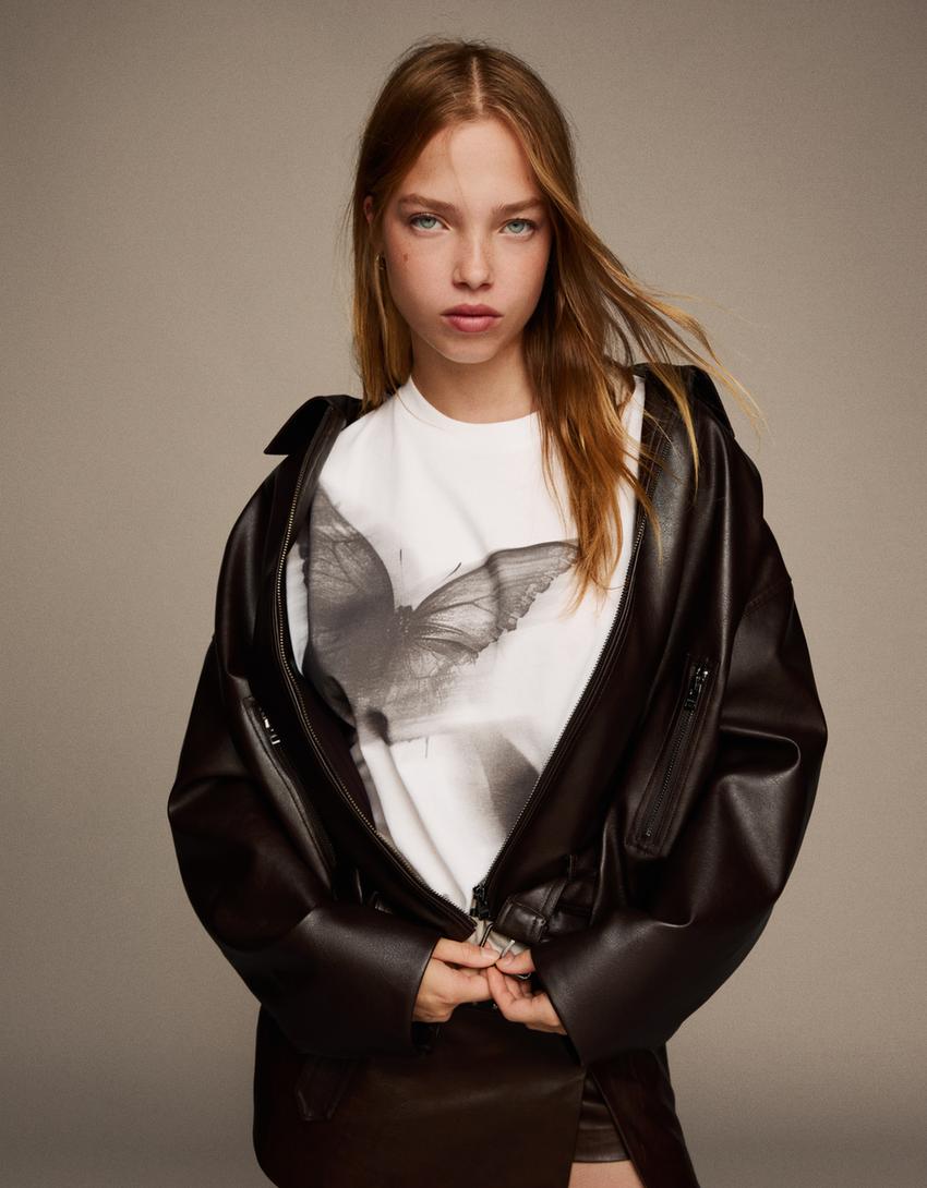 Printed short sleeve oversize T-shirt-Cream