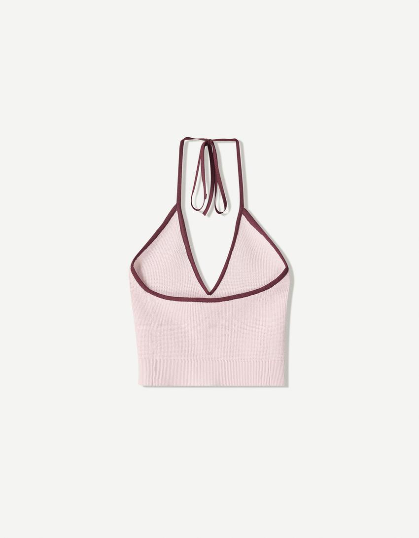 Top med halterneck og kontrast-Pink-4