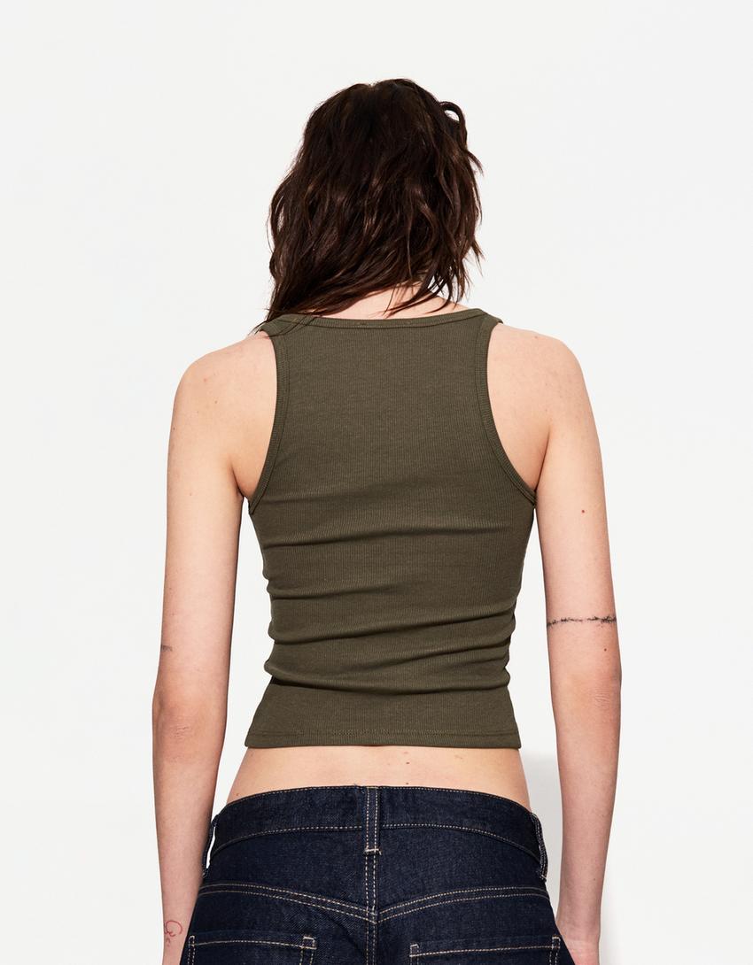 Sleeveless ribbed T-shirt-Khaki