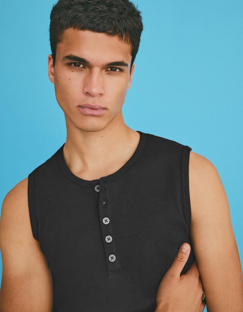 Worker slim fit henley T-shirt-Black
