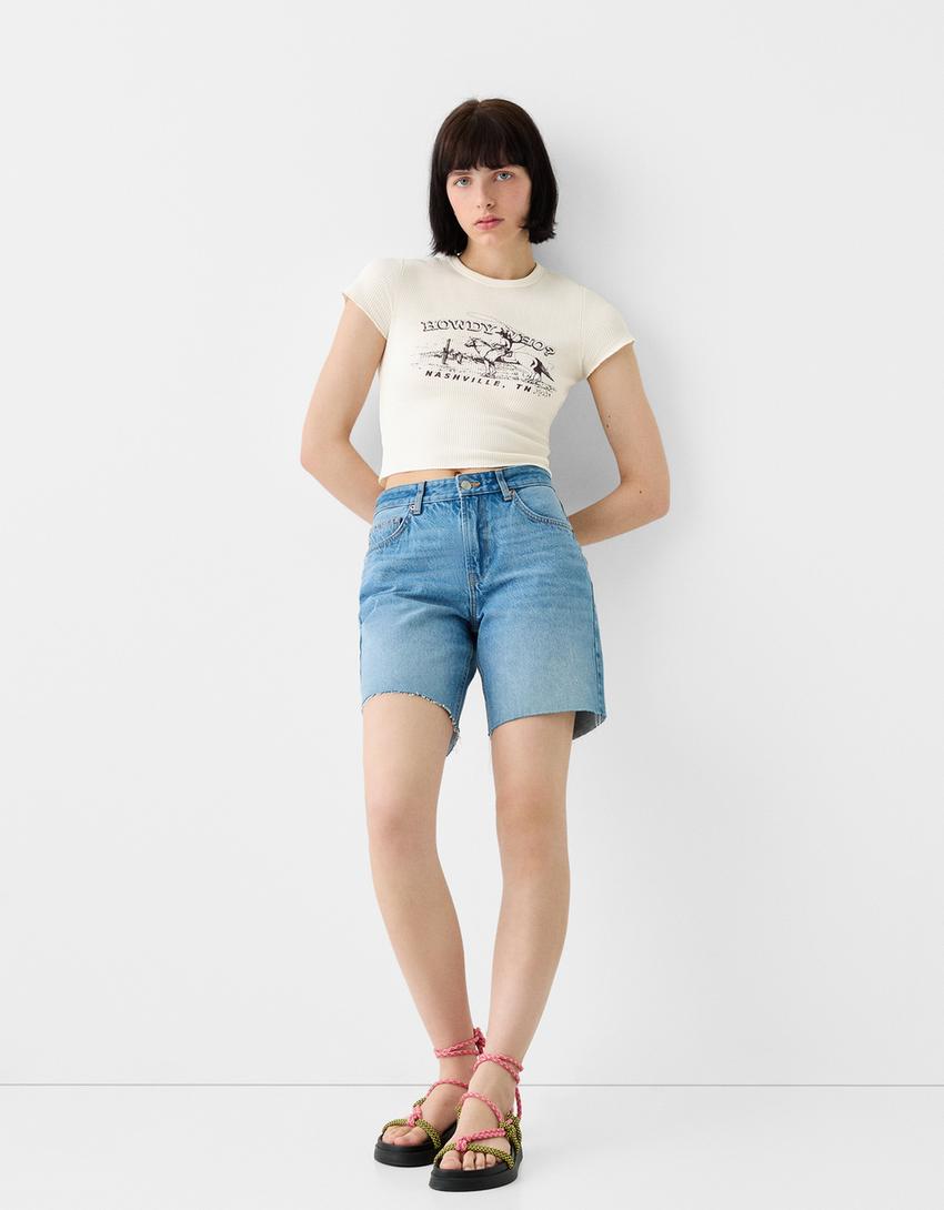 T-shirt manches courtes gaufré imprimé-Écru-3