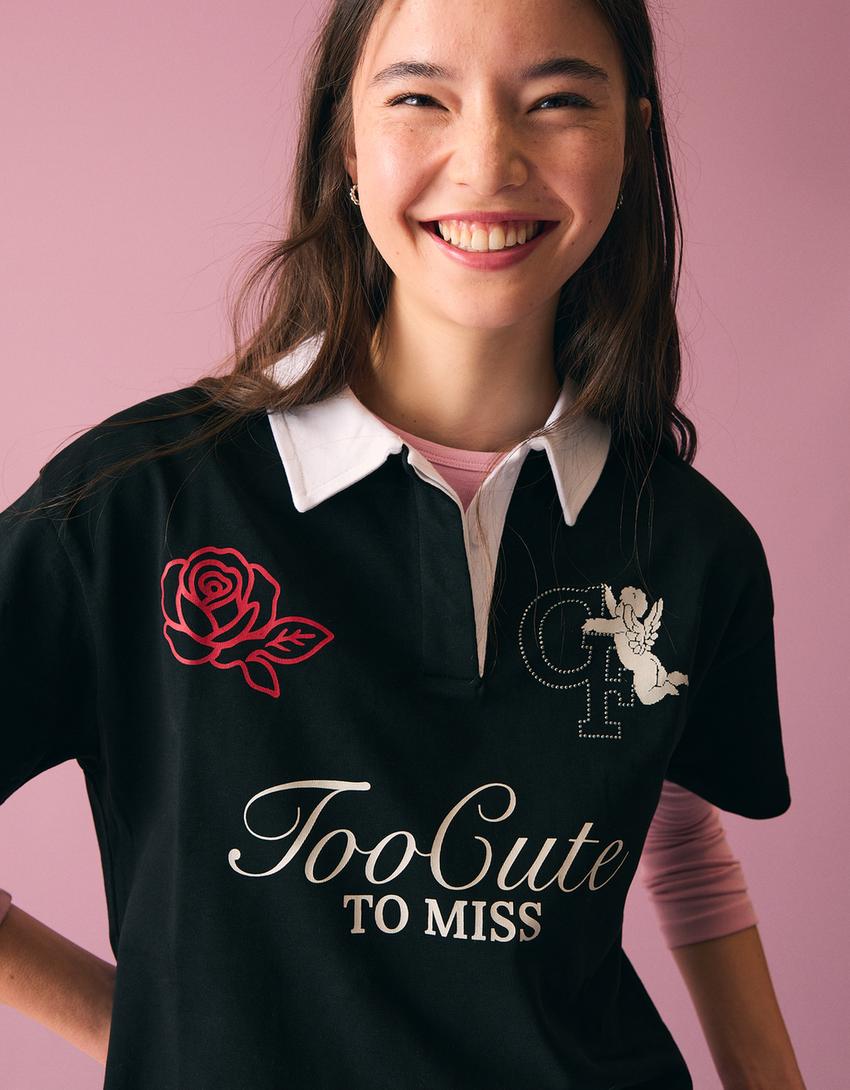 Camiseta cuello polo print strass-Negro