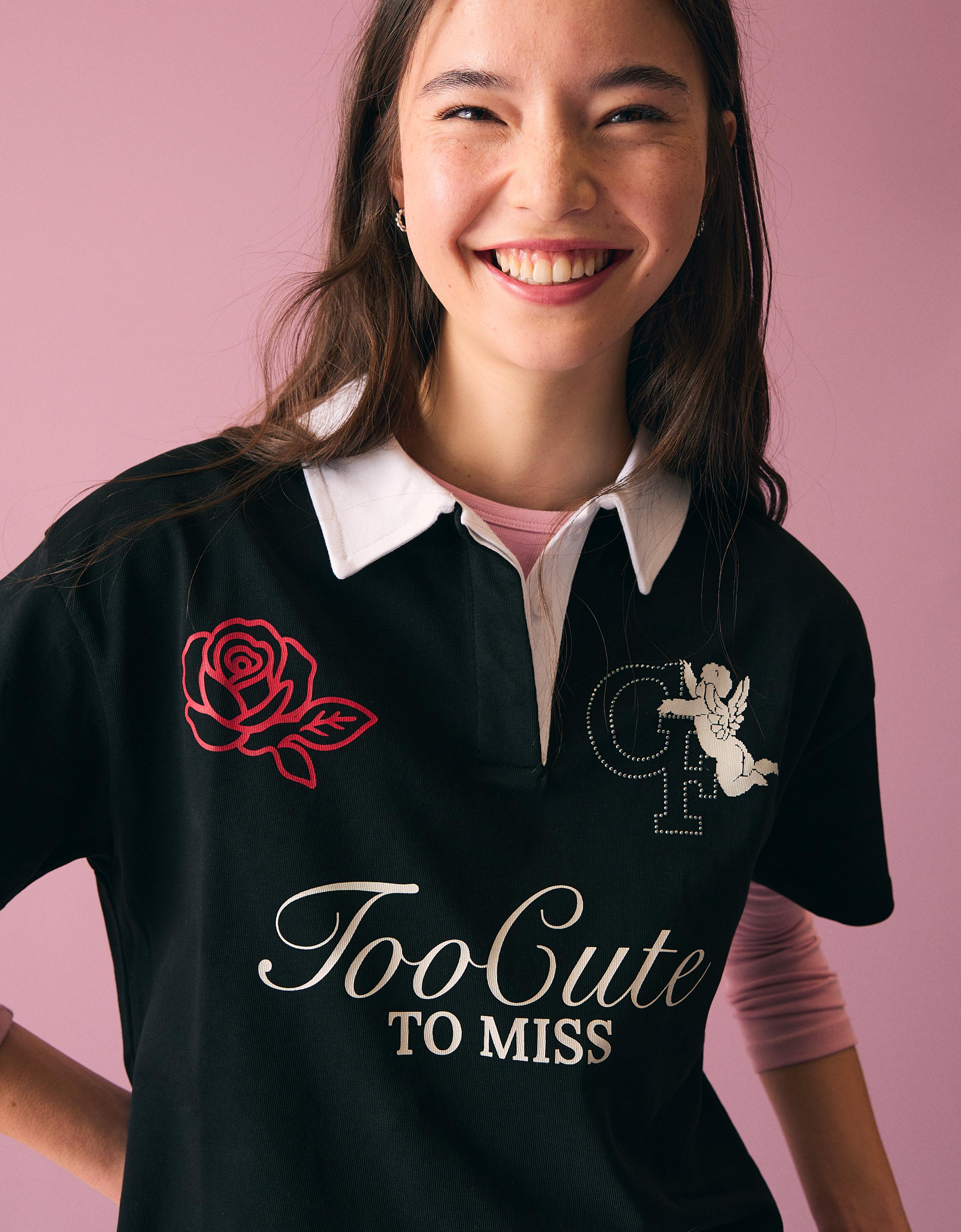 Bershka Camiseta Cuello Polo Print Strass Mujer L Negro