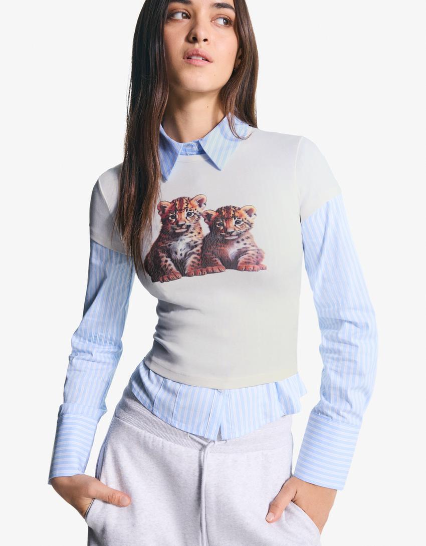 Camiseta manga corta print-Crudo