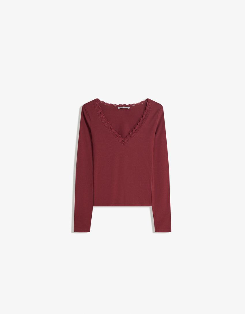 Long sleeve lace T-shirt-Burgundy