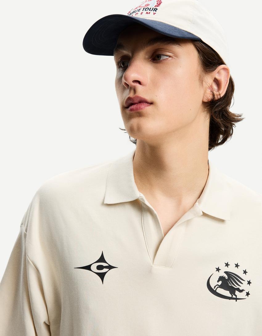 Printed oversize short sleeve polo shirt-Cream