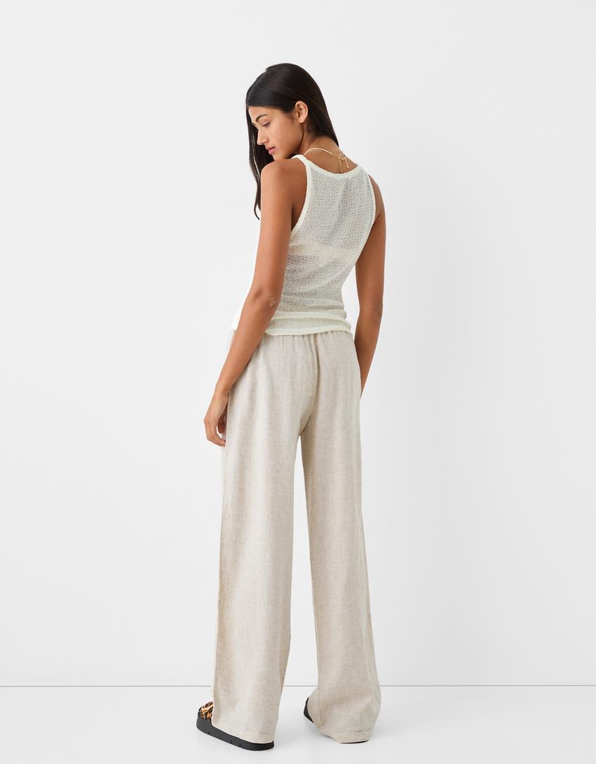 Calças direitas com linho cintura elástica-Cru-2