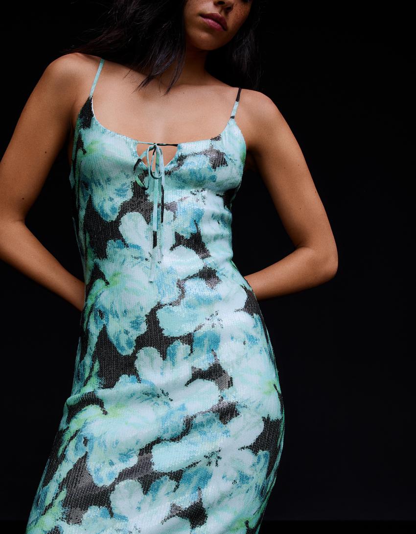 Strappy sequin midi dress-Turquoise