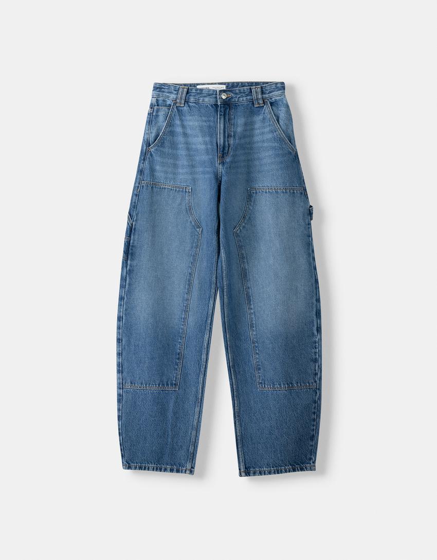 بنطال جينز عمالي ريفي واسع بقصّة بالون-أزرق فاتح-5