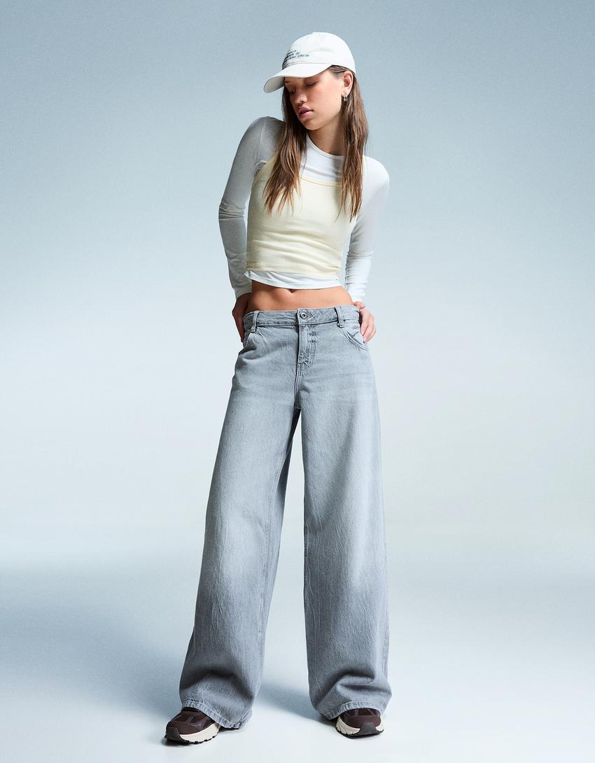 Jeans a gamba larga low waist-Grigio-2