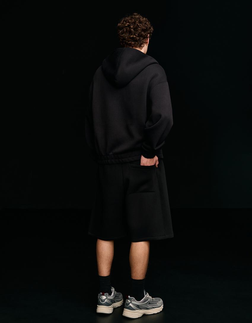 Zip-up neoprene-effect hoodie-Black