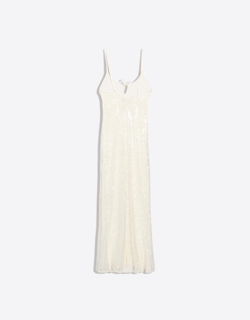 Strappy sequin midi dress-Cream