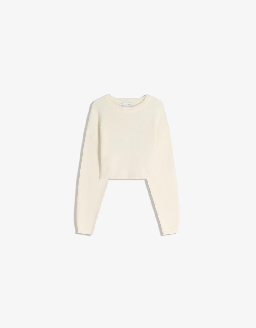 Cropped faux fur jumper-Cream