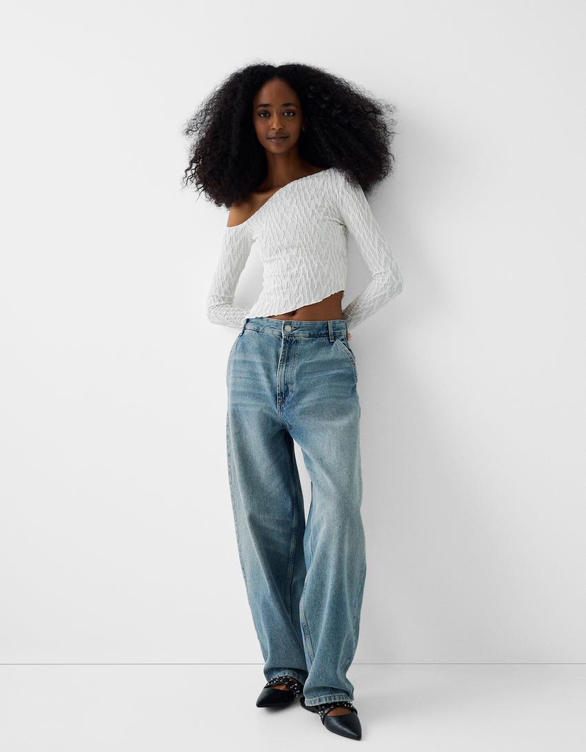 Long sleeve waffle-knit T-shirt with asymmetric hem-Off white-3