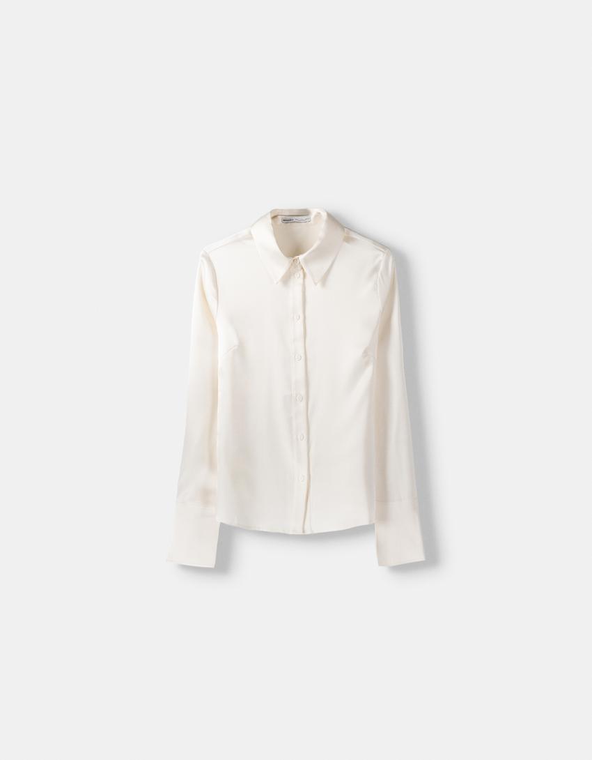 Fitted satin shirt with bell sleeves-Off white-4