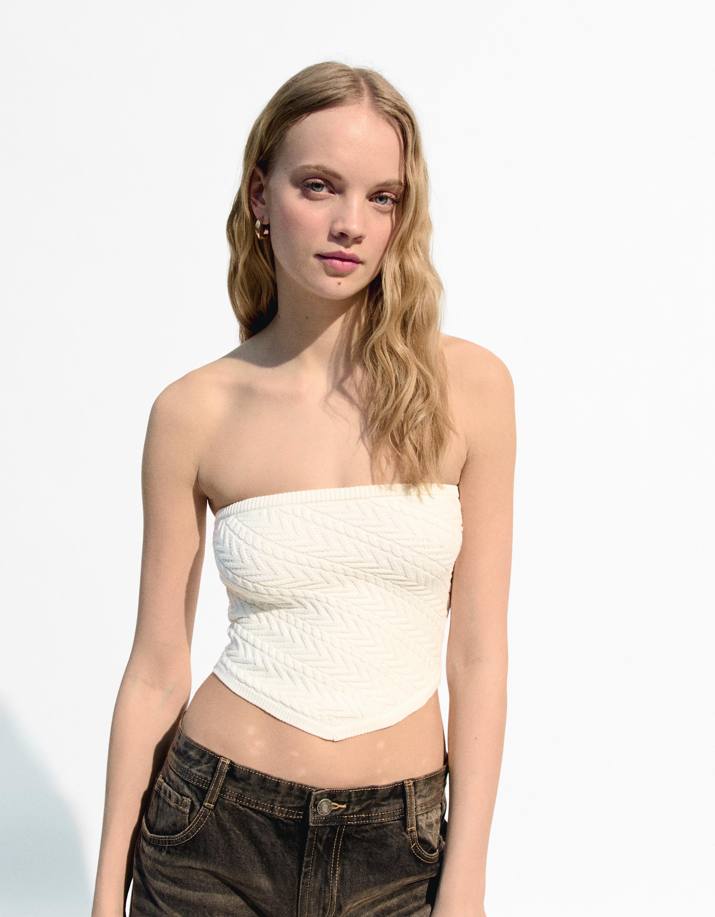 Bershka Bandeau-Top Mit Flechtmuster Damen S Rohweiß