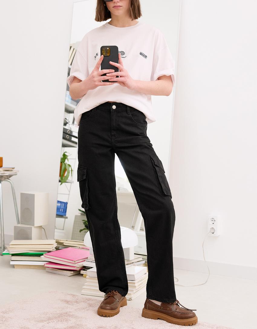 Straight-leg cargo jeans-Black-2