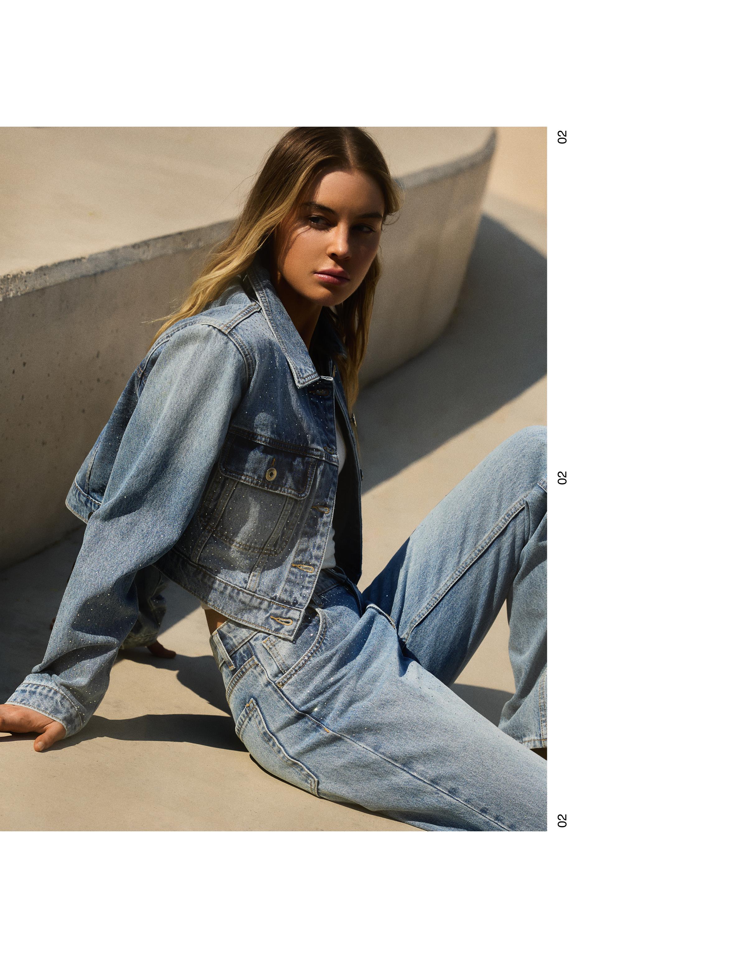 Shimmery cropped denim jacket — Light blue
