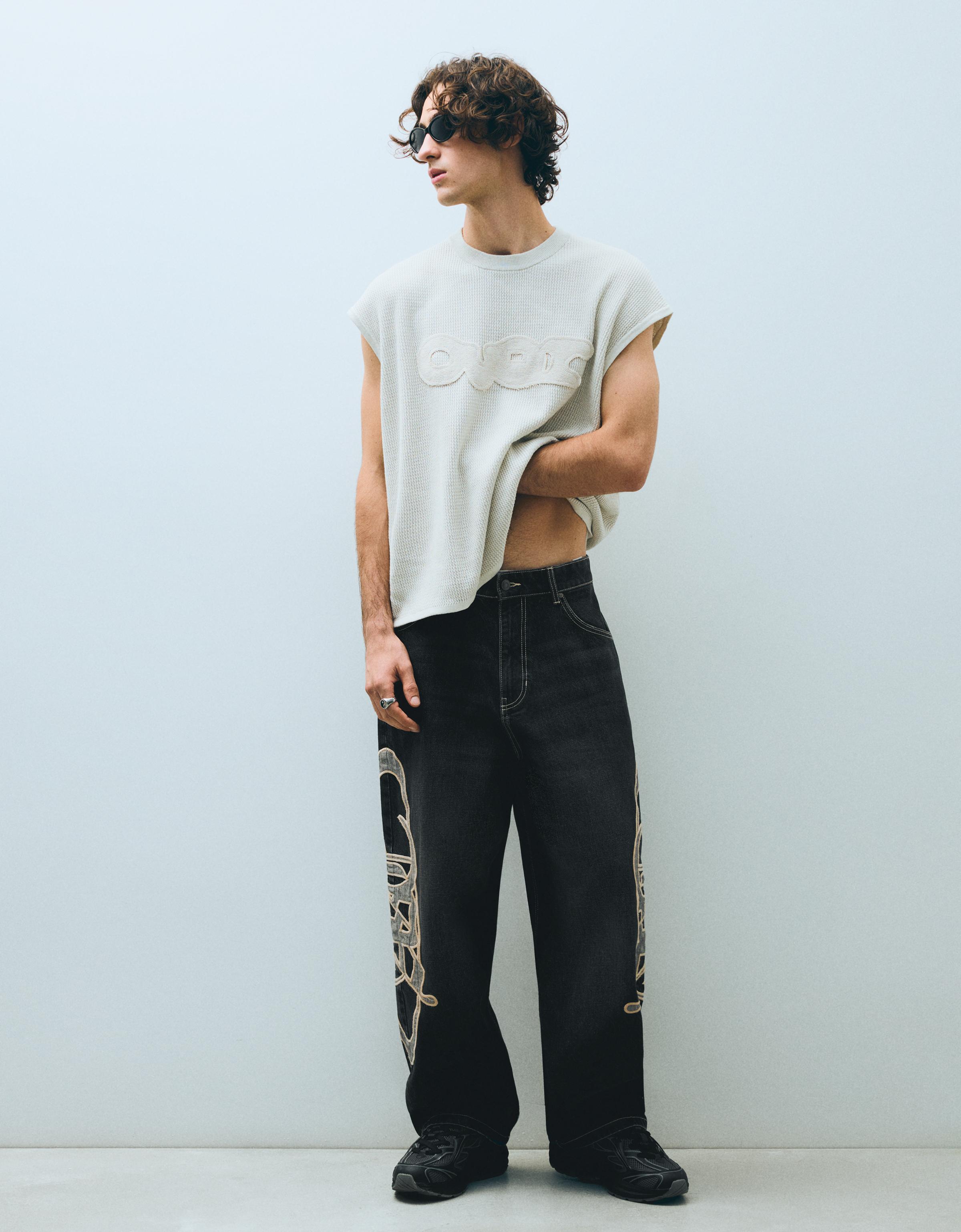 Bershka Jeans Parches Laterales Hombre Negro