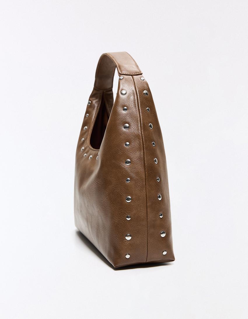 Studded leather effect bucket bag-Brown