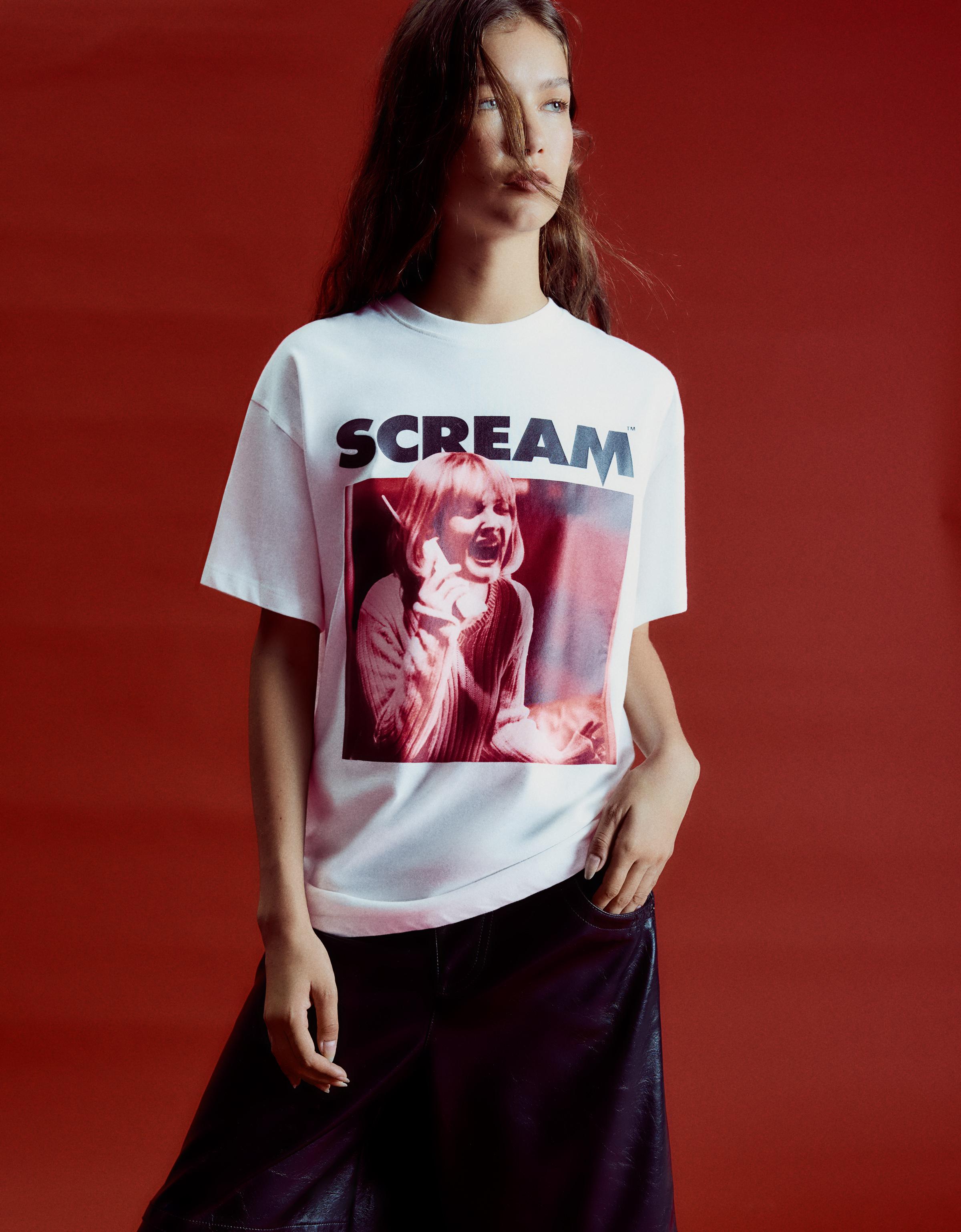 Bershka Koszulka Z Krótkim Rękawem I Nadrukiem Scream Kobieta Biały Złamany