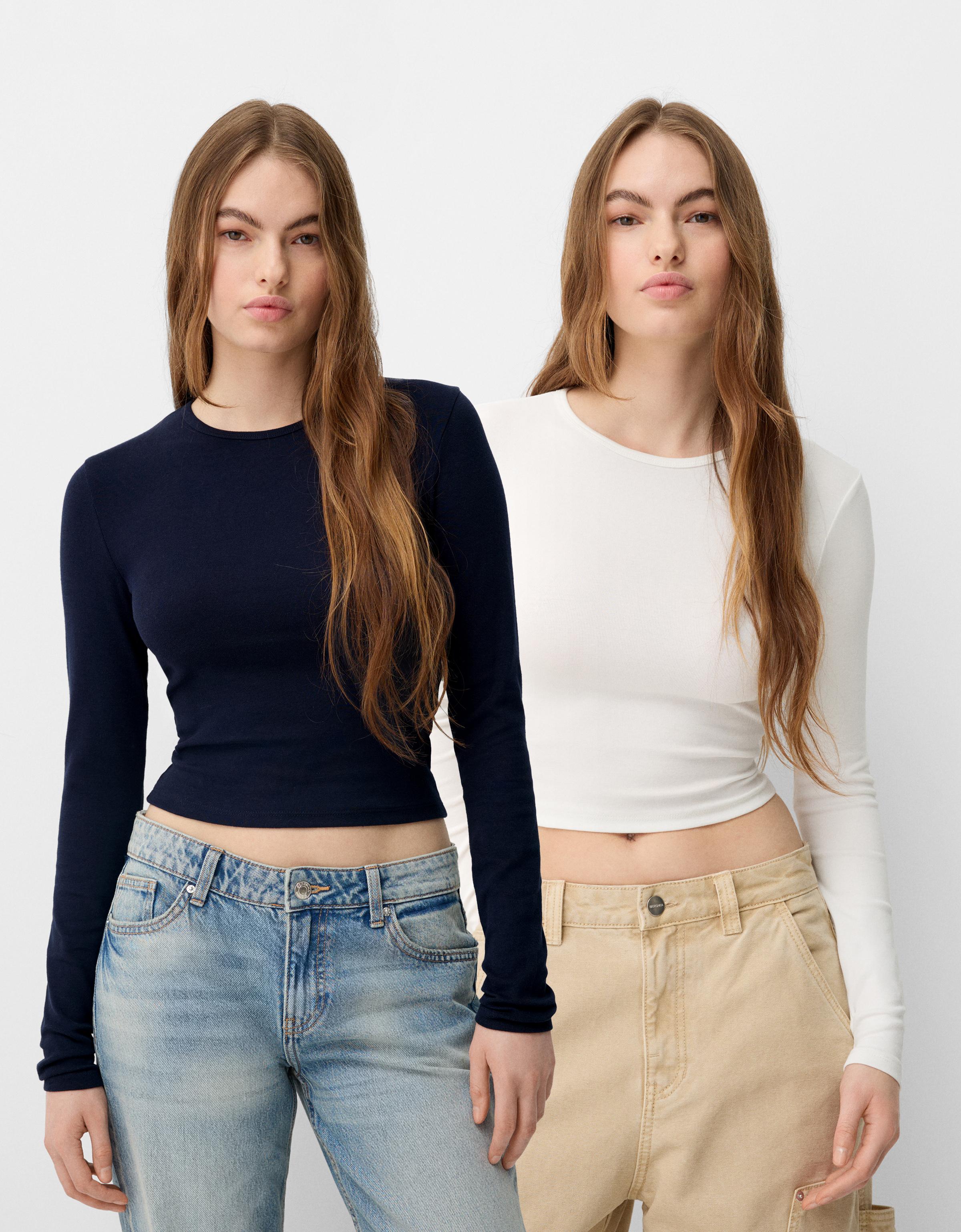 Bershka 2er-Pack Langarmshirts Mit Langen Ärmeln Und Rundausschnitt Damen L Kombiniert