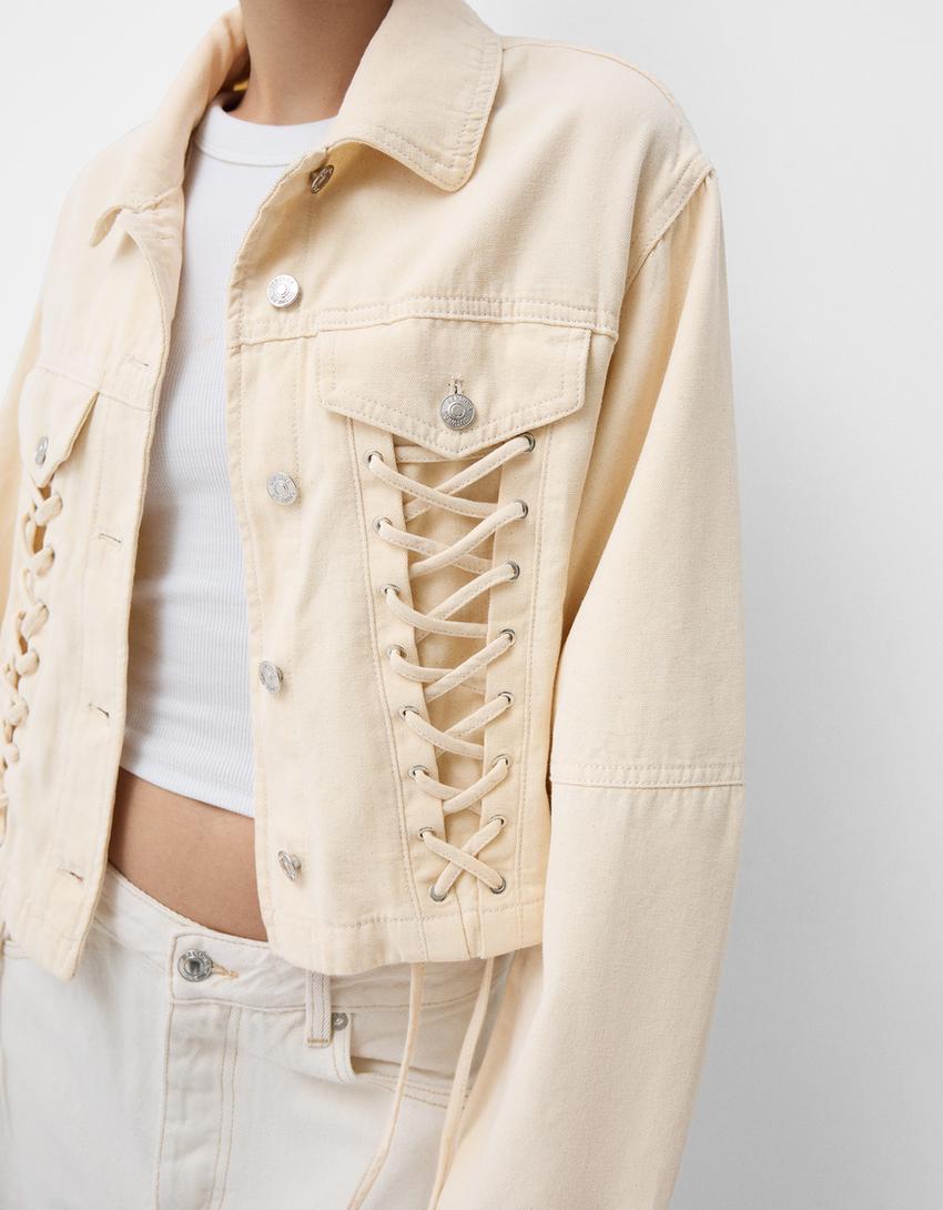 Casaco de algodão com lace up-Bege-6