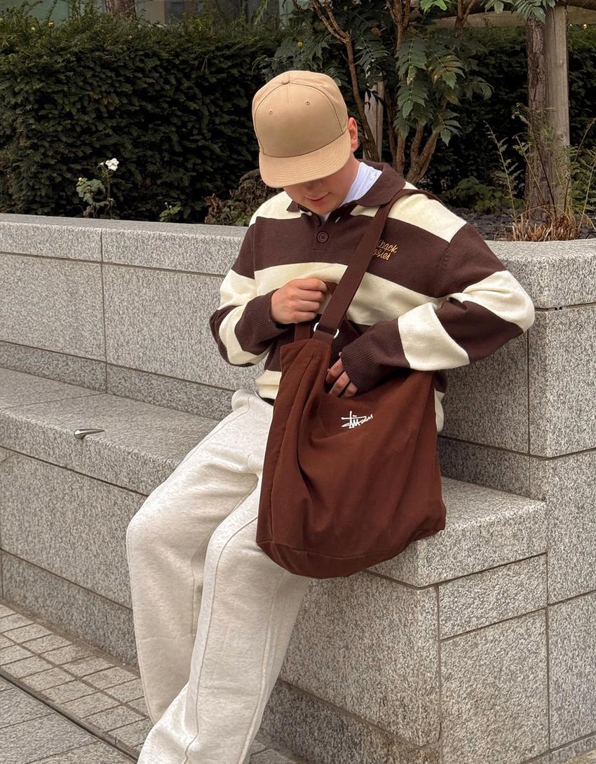 Polo collar sweater with stripes-Brown