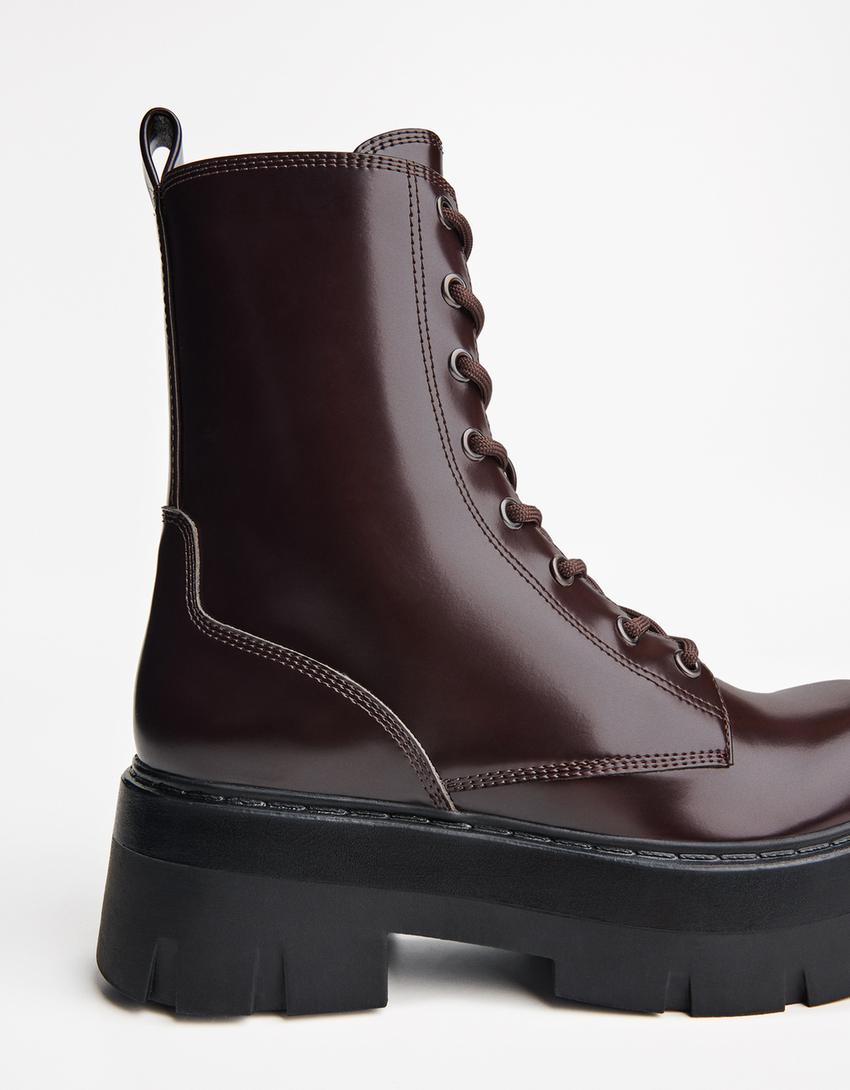 Lace-up track sole ankle boots-Maroon-2