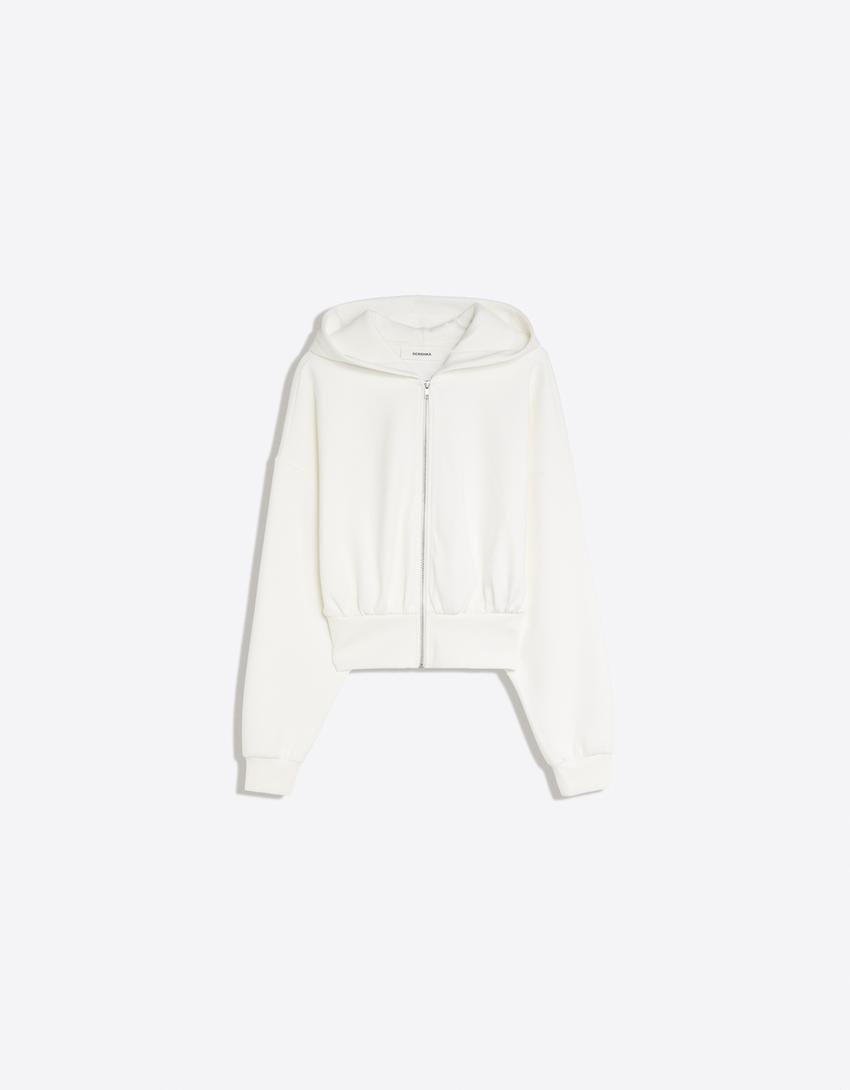 Fermuarlı kapüşonlu sweatshirt-Krem