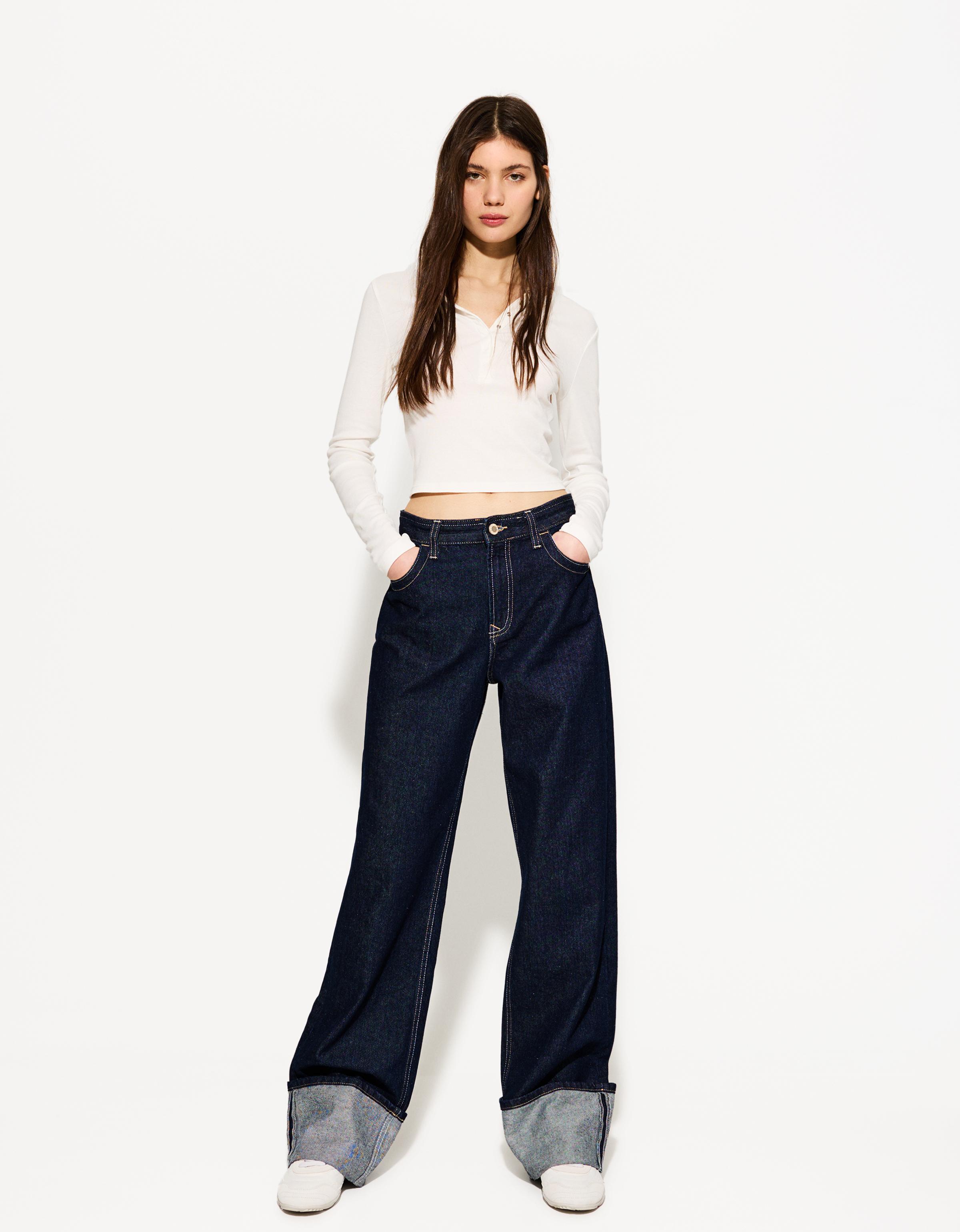 Bershka Wide-Leg-90'S-Jeans Mit Umgeschlagenem Saum Damen 36 Marinenblau