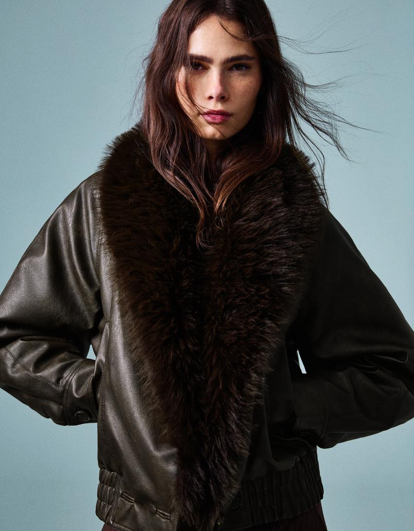 Blouson similicuir col fourrure-Marron