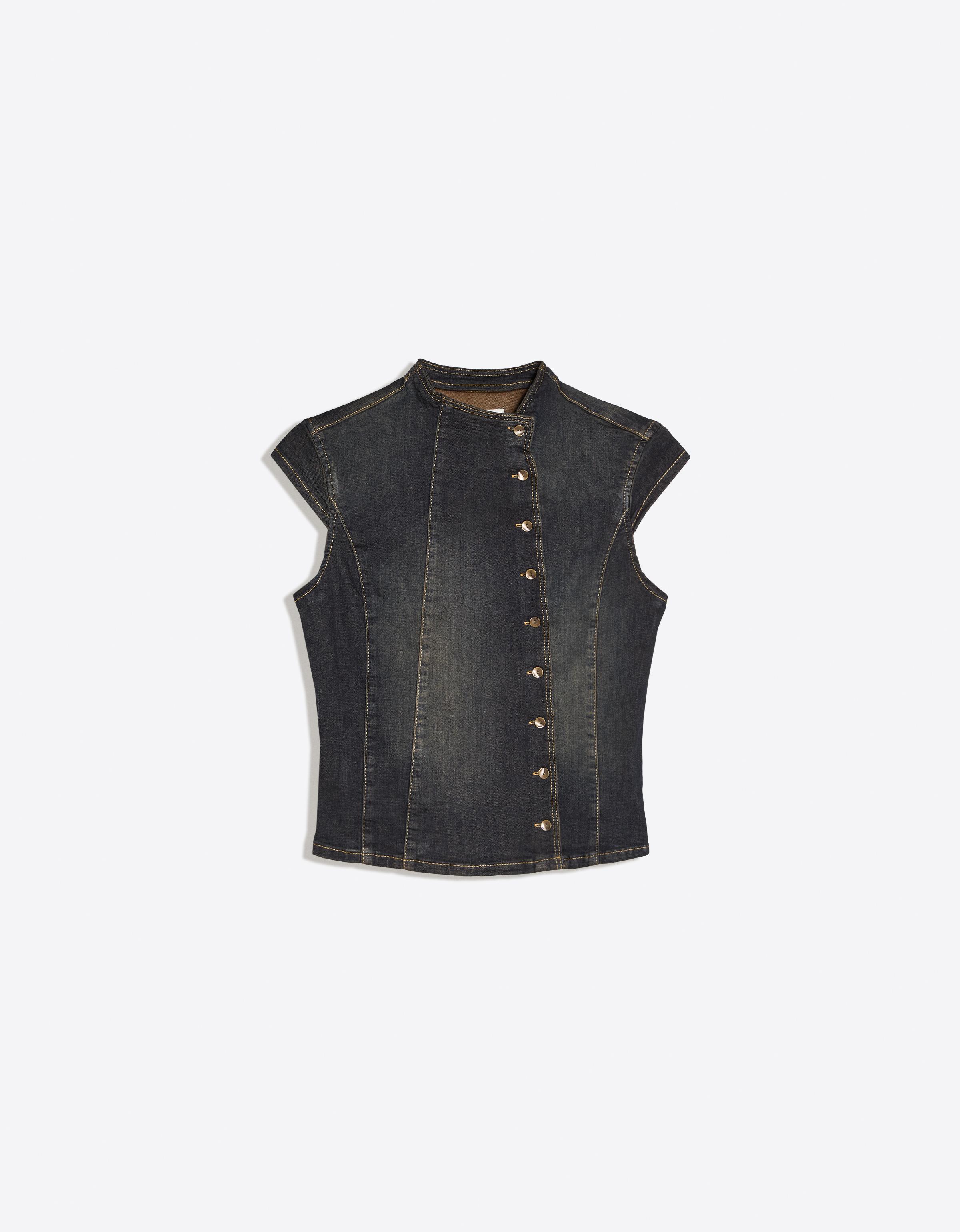 Bershka Top Denim Botones Cruzado Mujer Azul