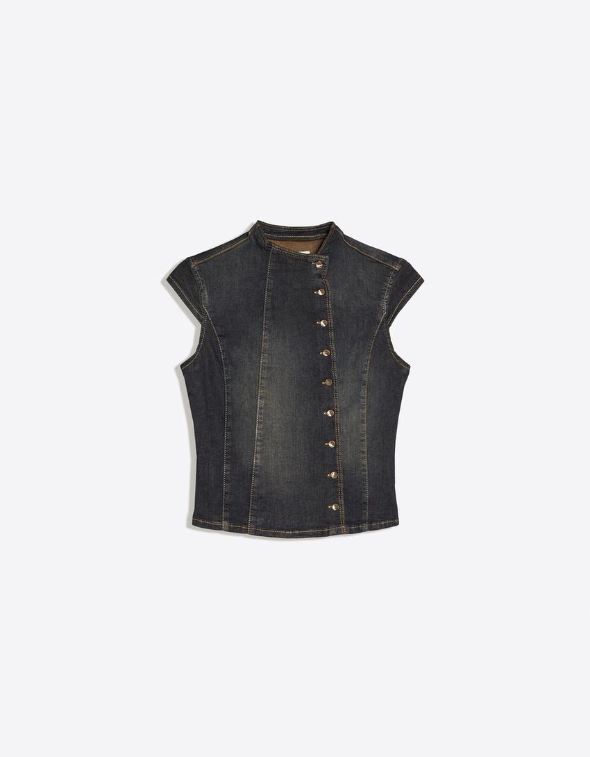 Cross-over button-up denim top